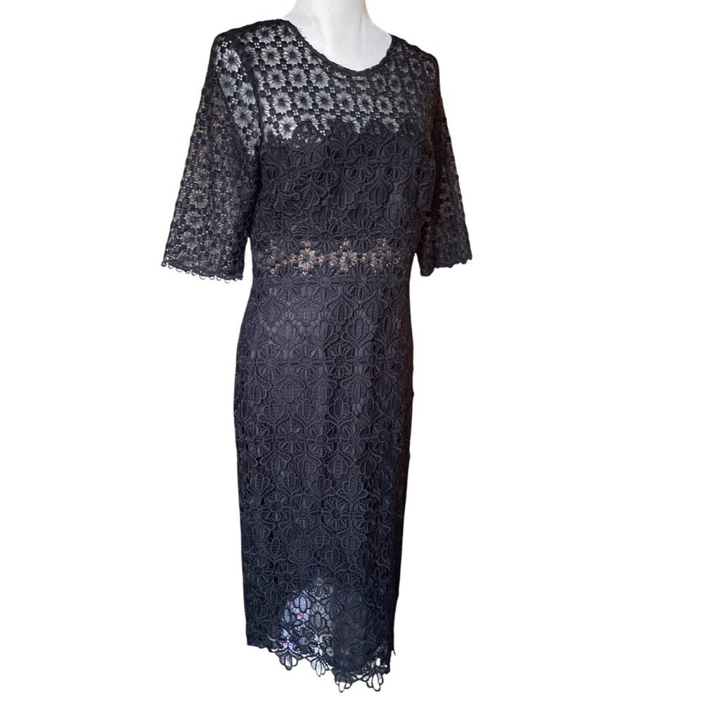 Anthropologie ML Monique Lhuillier Black Floral Lace Sheath Dress Sz 10 - Picture 6 of 16